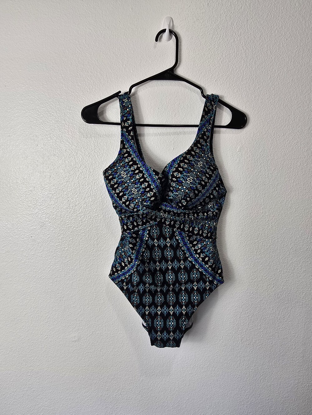 Miraclesuit Black and Teal Patterned One-Piece Swimsuit. #Beach #pool #summer